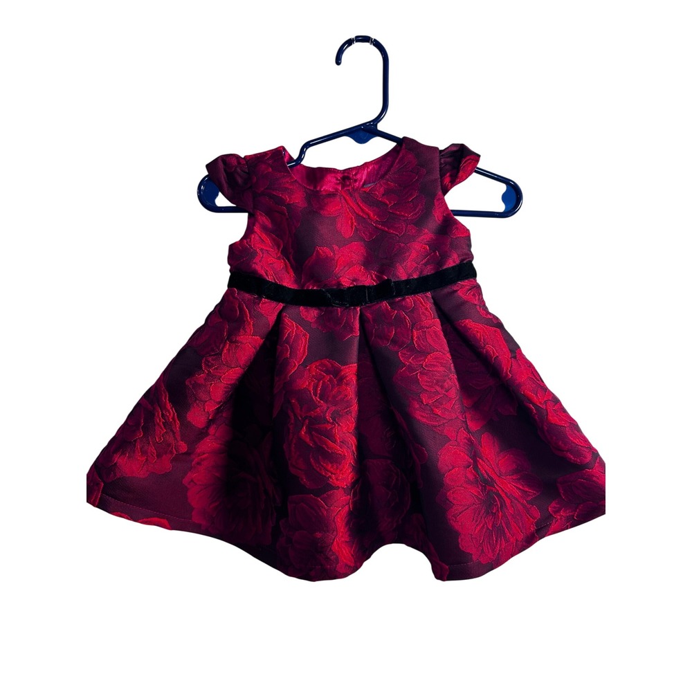 The Childrens Place Floral Brocade Dress 3-6M Red Velvet Trim Baby Girl